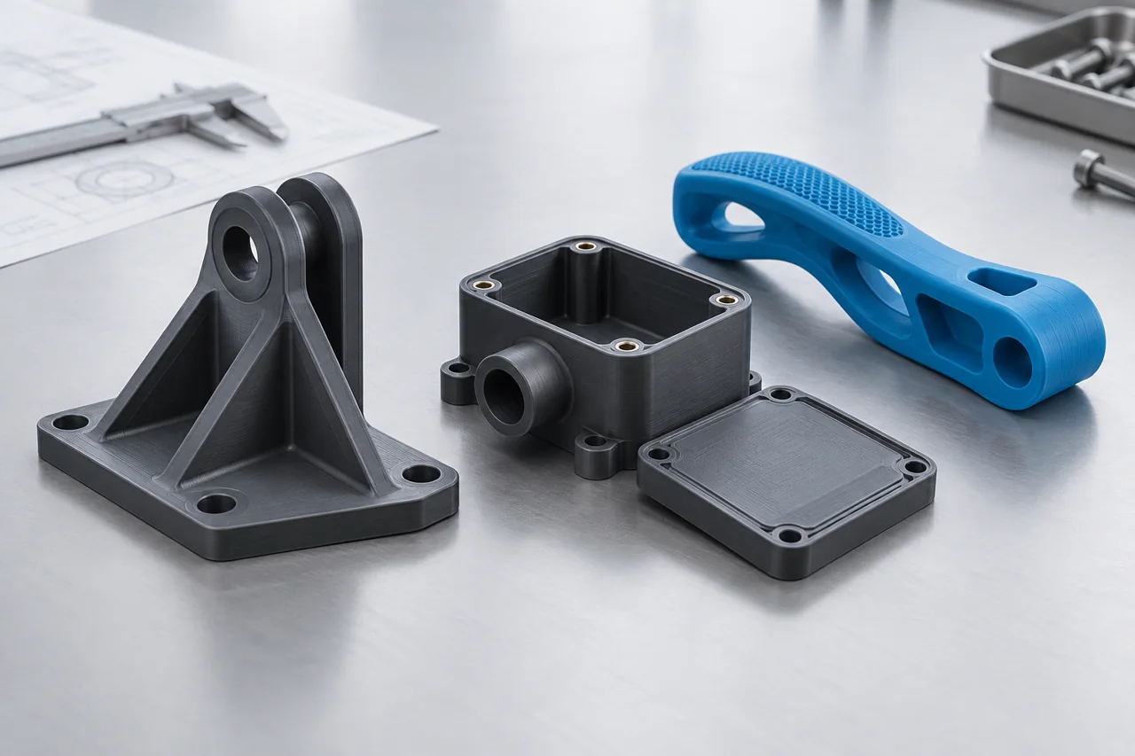 Beispielhafte Bauteile aus dem 3D-Prototypendruck – KI-generierte Illustration