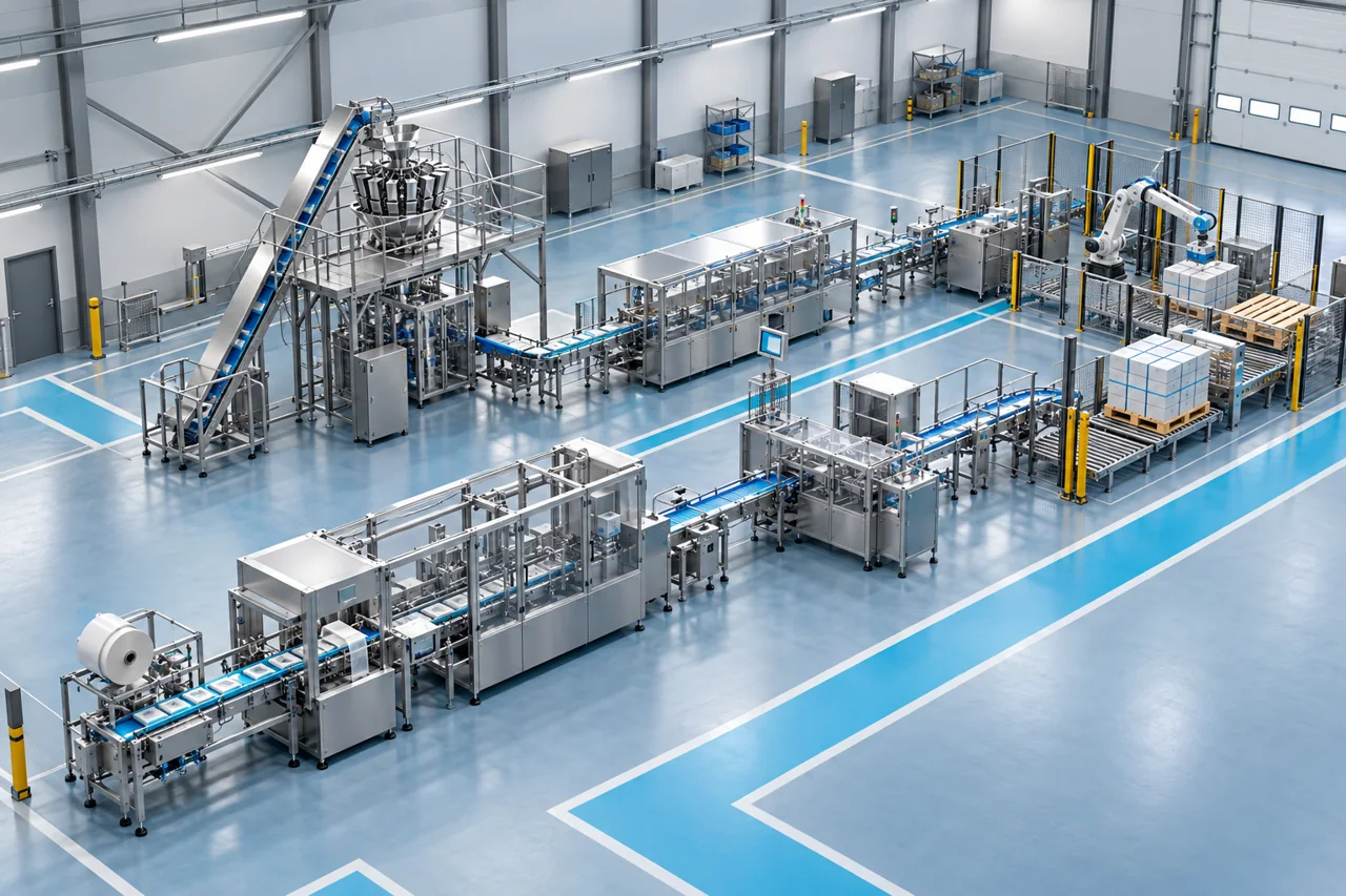Beispielhafte Maschinenanordnung in einer Produktionshalle – KI-generierte Illustration